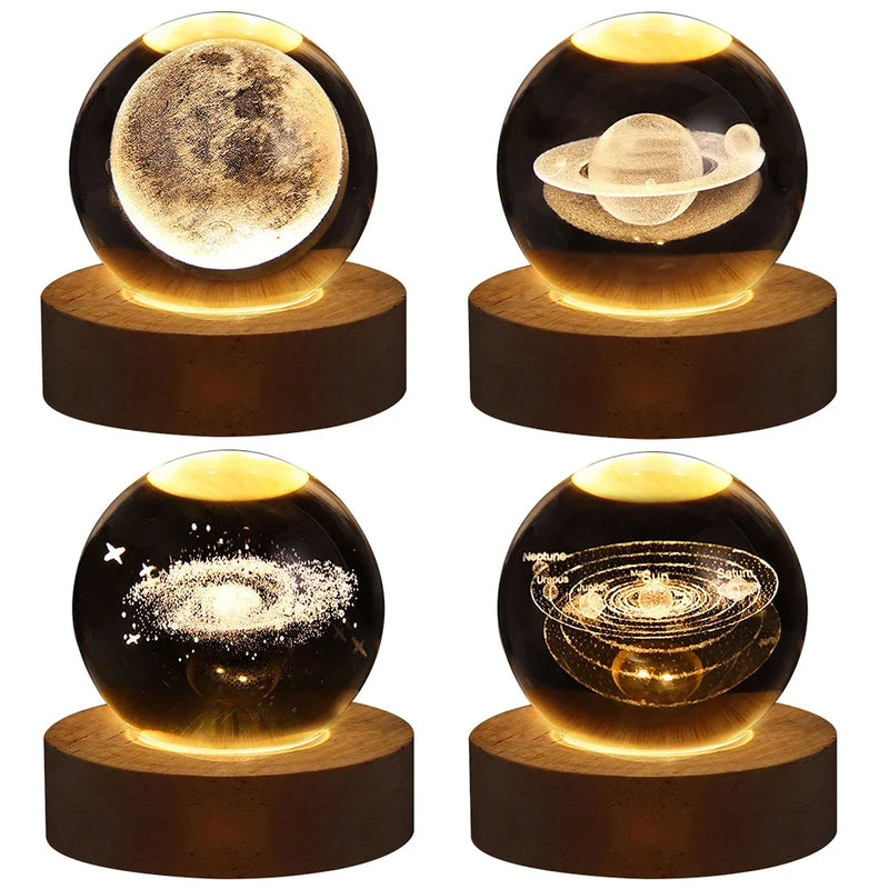 3D Moon Crystal Ball Night Lights Glowing Planet Galaxy Astronaut Solar System Laser Carving Crystal Ball Lighting Birthday Gift