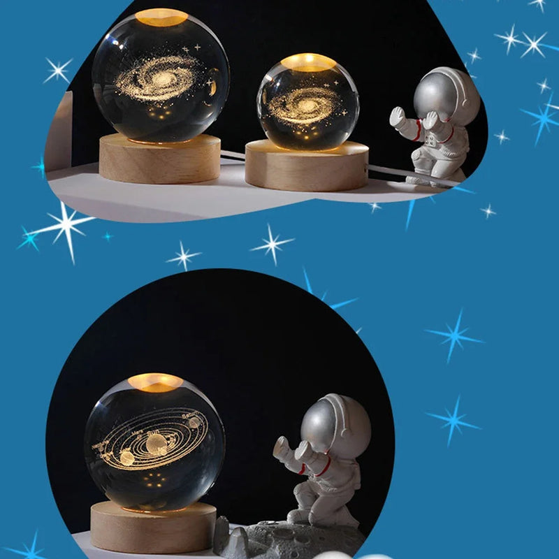 3D Moon Crystal Ball Night Lights Glowing Planet Galaxy Astronaut Solar System Laser Carving Crystal Ball Lighting Birthday Gift